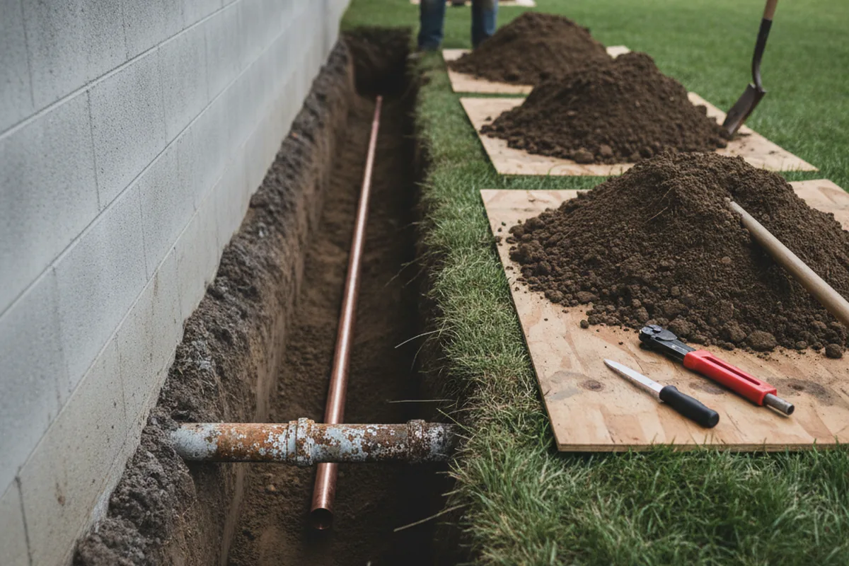 Excavated water line trench during Sewer Line Repair in Dixonville